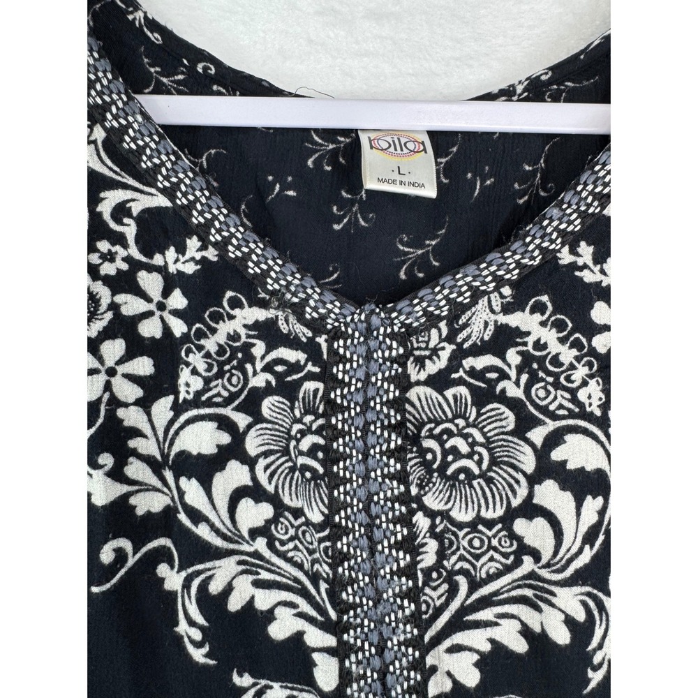 Bila Womens Black White Damask Floral Sequin Trim Ruffle Hem Tunic Top Large - Picture 6 of 8